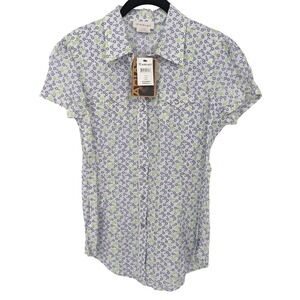 Ariat Top Women Small White Purple Floral Metallic Snap Short Sleeve Western NWT